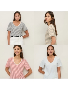 스트라이프 V넥 반팔 티셔츠_4 Colors